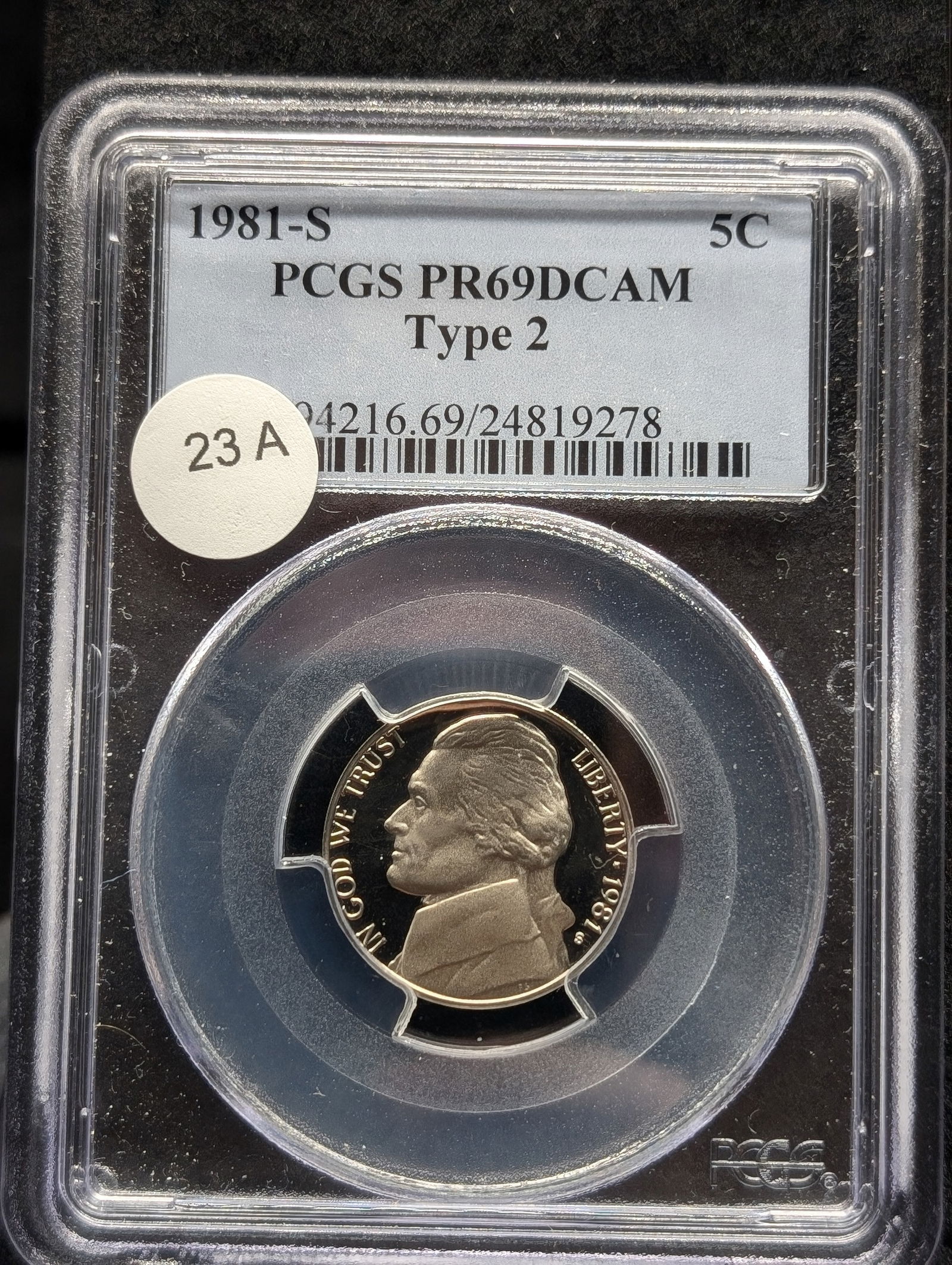 1981-S Type 2, second S, Jefferson Nickel. Slabbed by PCGS, top grader, as Proof 69, Deep Cameo. (1 of 3)