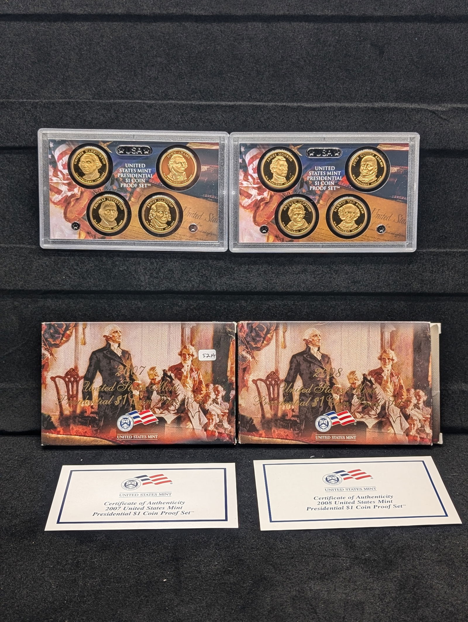 2007-S and 2008-S Presidential Dollar Proof Set. GEM in original boxes plus COAs (1 of 5)