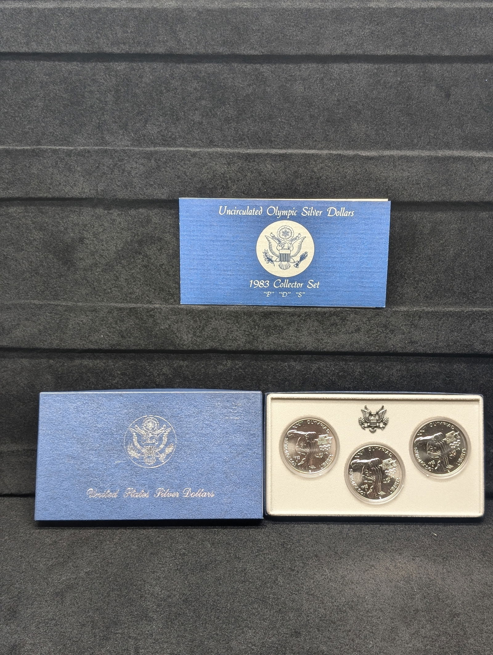 1983 UNC Olympic P,D & S Collector's 3-Coin 90$ Silver Dollar Set in OGP w/ COA (1 of 5)