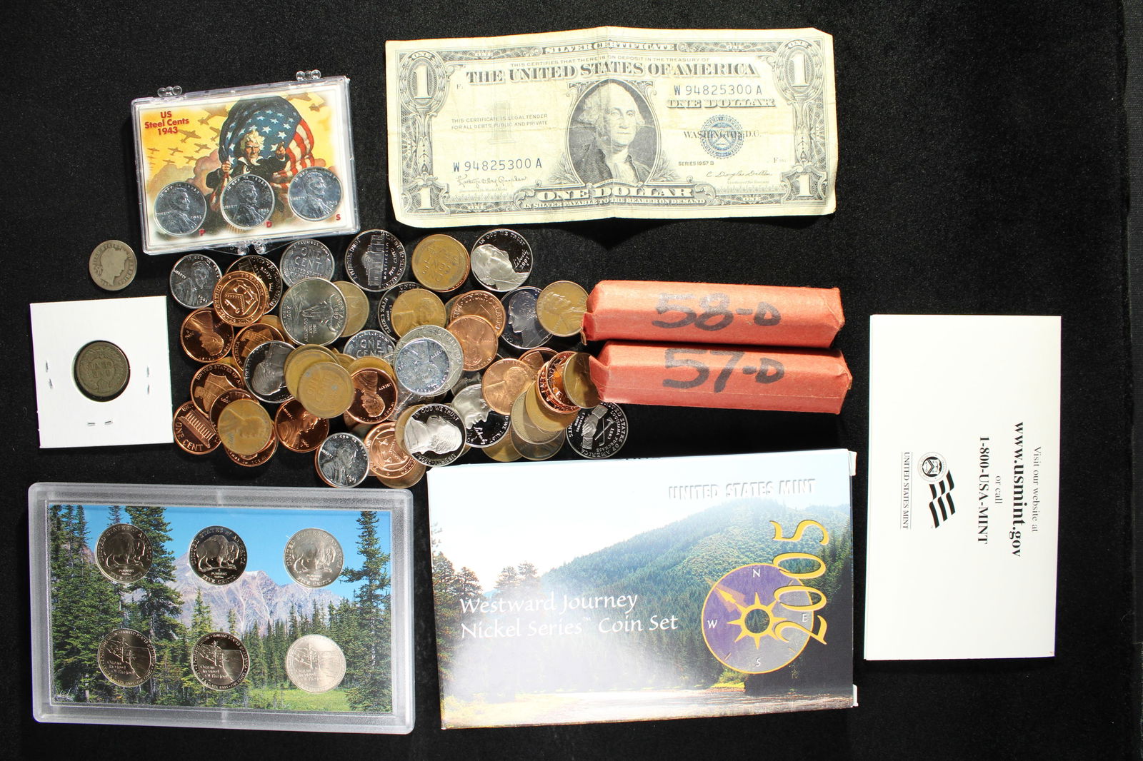 Large Grab Bag of Various U.S. Coins & Currency; 1857 Flying Eagle 1c., 1957B Blue Seal Silver (1 of 17)