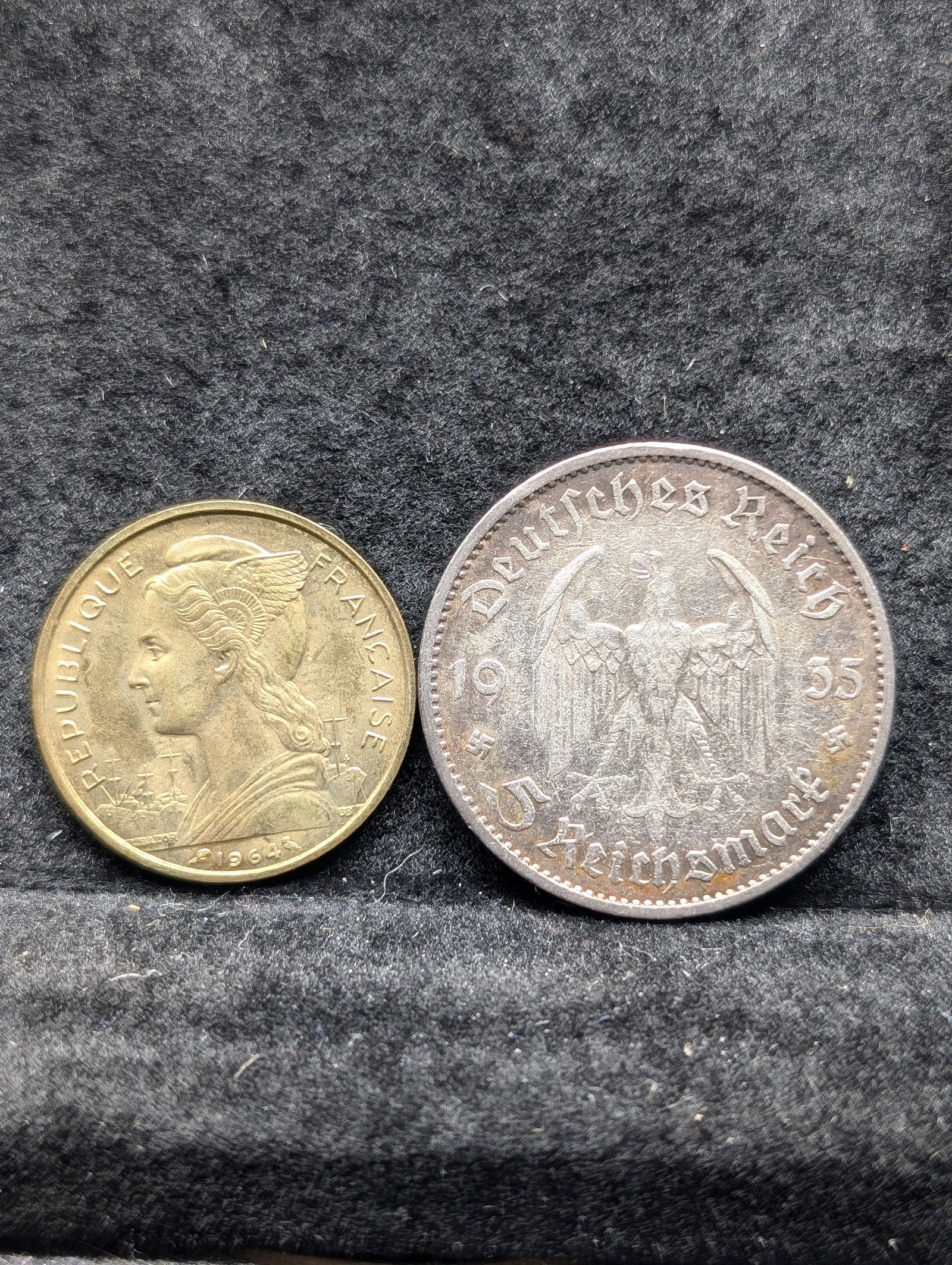 1964 Reunion 20 Francs Coin & 1935-A Germany 5 Reichsmark 90% Silver Coin (1 of 2)