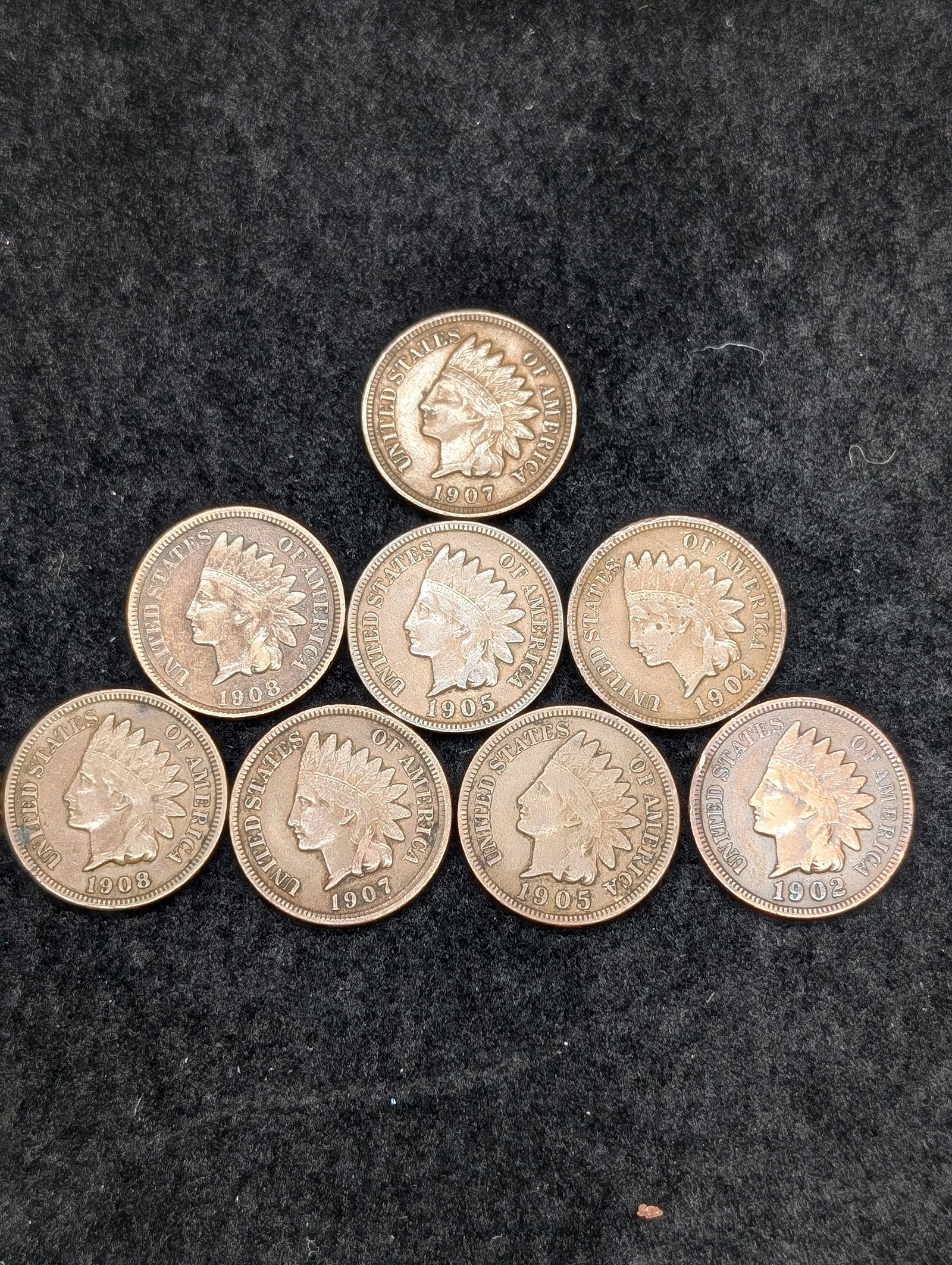 Lot of 8 Various Dated High Grade Indian Head Cents; 1902, 1905, 1905, 1905, 1907, 1907, 1908, 1908 (1 of 2)