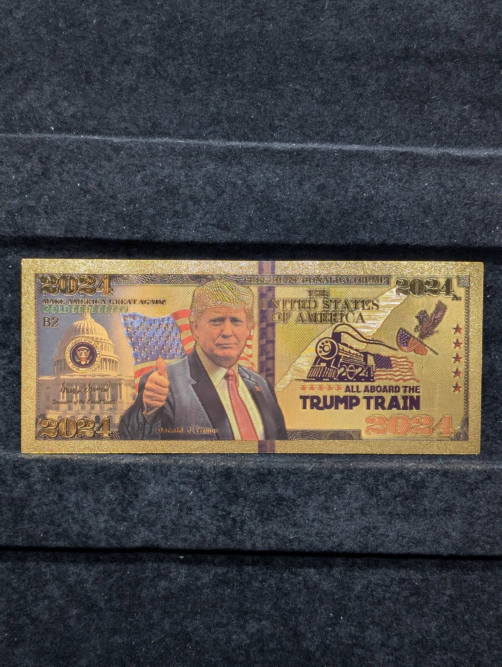 Trump 2024 Gold Foiled Note. "All Aboard The Trump Train": Trump 2024 Gold Foiled Note. "All Aboard The Trump Train"