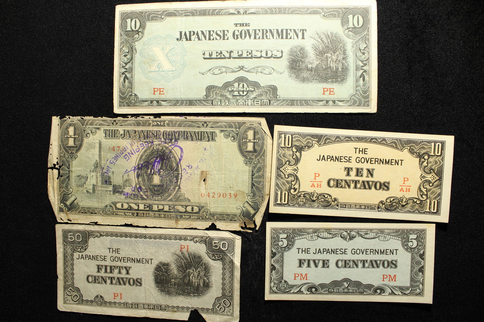 1943 Japan 5, 10, 50 Centavos And 1, 10 Pesos Philippines WWII Military Invasion Currency.  5 Notes. (1 of 2)
