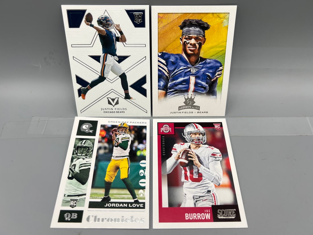 Lot of (4) Football Quarterback Star Player Rookie Cards - Varying Conditions - Justin Fields,: Lot of (4) Football Quarterback Star Player Rookie Cards - Varying Conditions - Justin Fields, Jordan Love, Joe Burrow