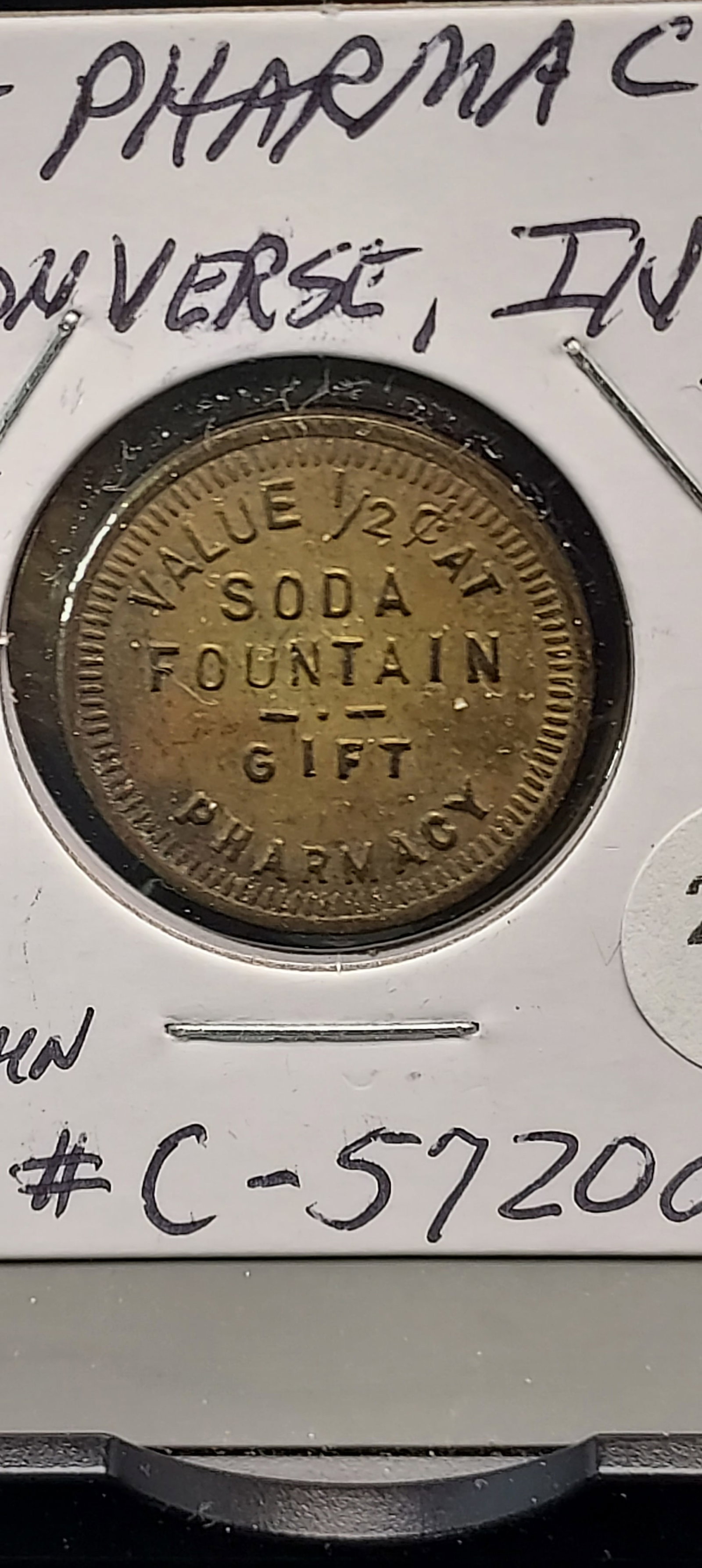 Converse, Indiana. Gift Pharmacy. Value 1/2c At Soda Fountain.: Converse, Indiana. Gift Pharmacy. Value 1/2c At Soda Fountain.