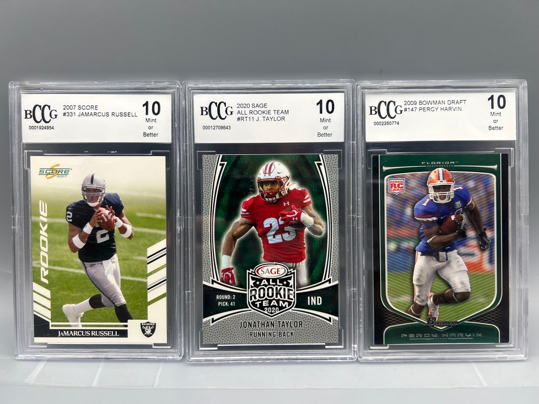Lot of (3) BCCG 10 Slabbed Football Rookie Cards - JaMarcus Russell, Jonathan Taylor, Percy Harvin (1 of 2)