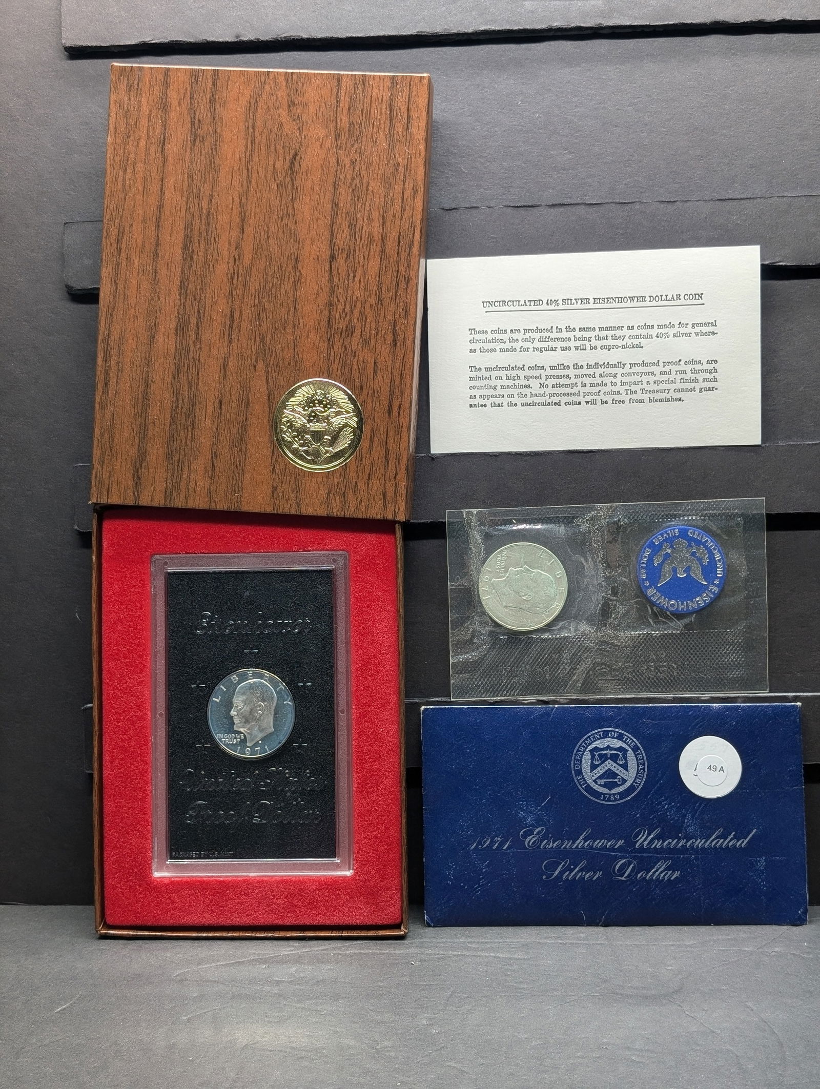 1971-S GEM Proof and 1971-S GEM BU silver Eisenhower $1s. In original blue envelope and Brown Box. (1 of 6)