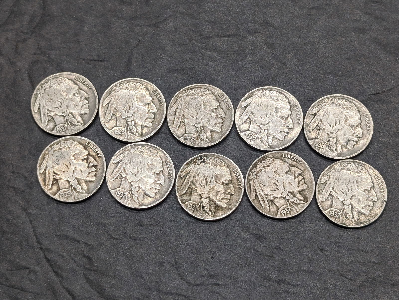 10 Mixed Buffalo Nickels, Full Bold Dates; 20's/30's (1 of 4)