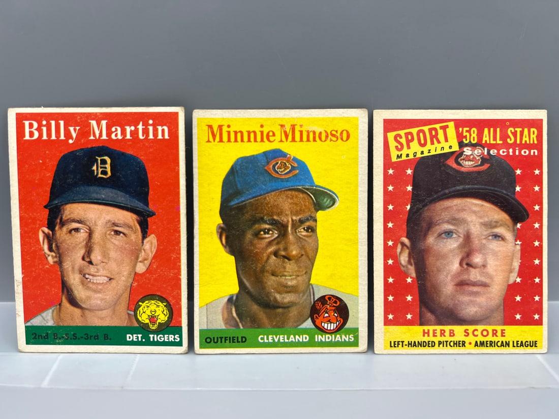 1958 Topps Billy Martin #271, Minnie Minoso #295, & Herb Score All Star #495 (1 of 2)