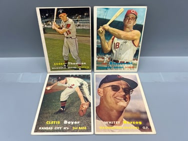 1957 Topps Bobby Thomson #262, Ted Kluszewski #165, Clete Boyer RC #121, & Whitey Herzog RC #29 -