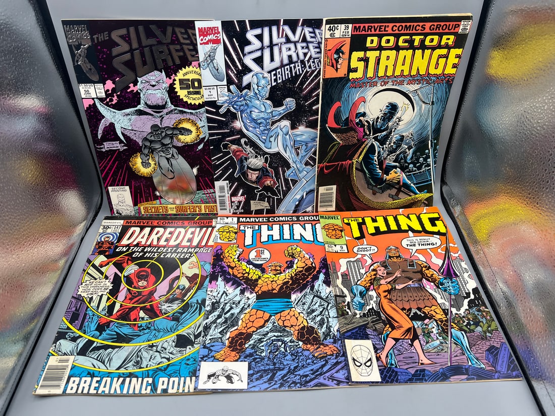 Lot of (6) Assorted Marvel Comic Books - Silver Surfer #50, Daredevil, The Thing, Doctor Strange (1 of 2)