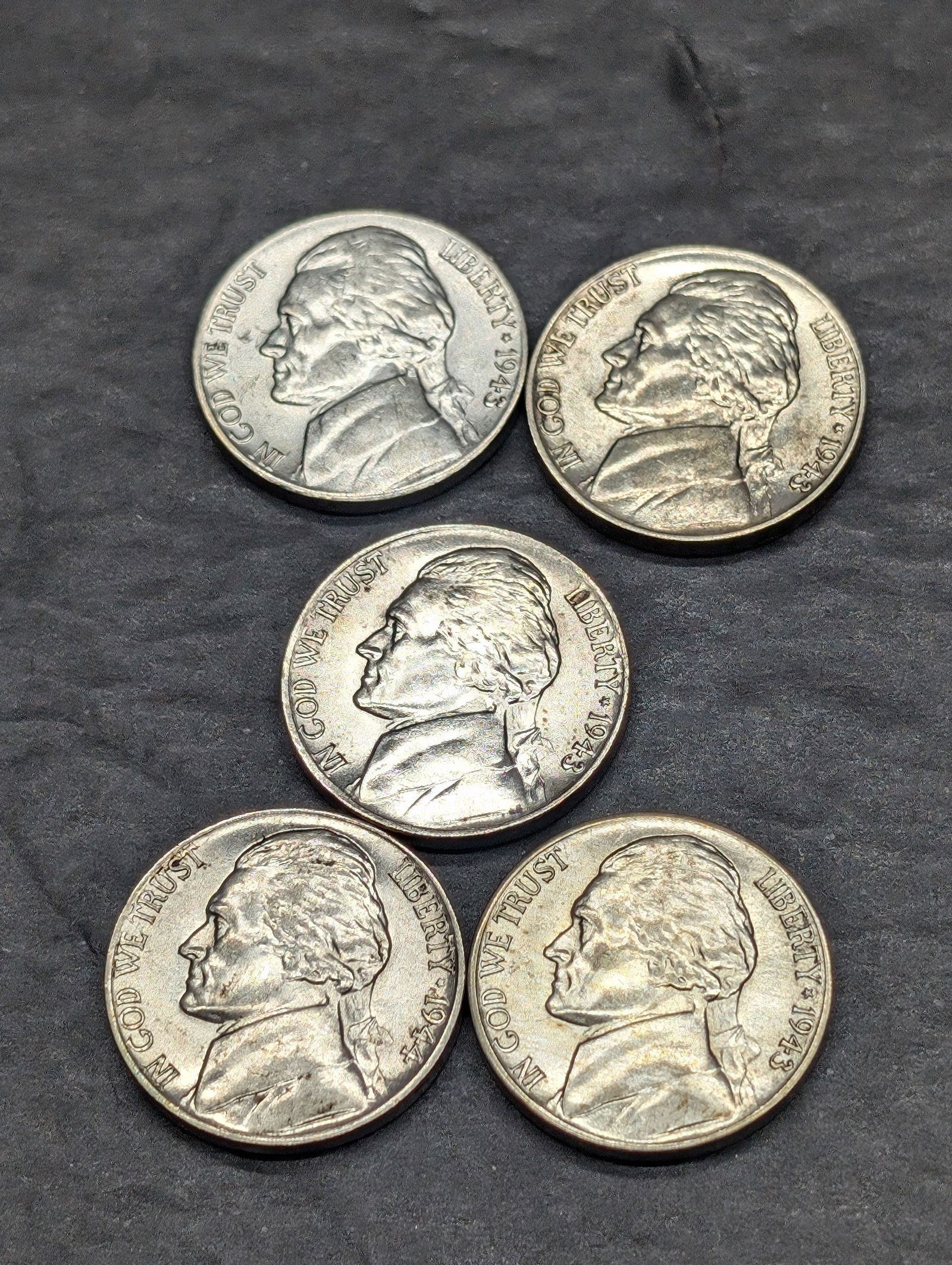 Lot of 5 High Grade Wartime Nickels; 2-1943S, 2-1943P, 1-1944 (1 of 2)