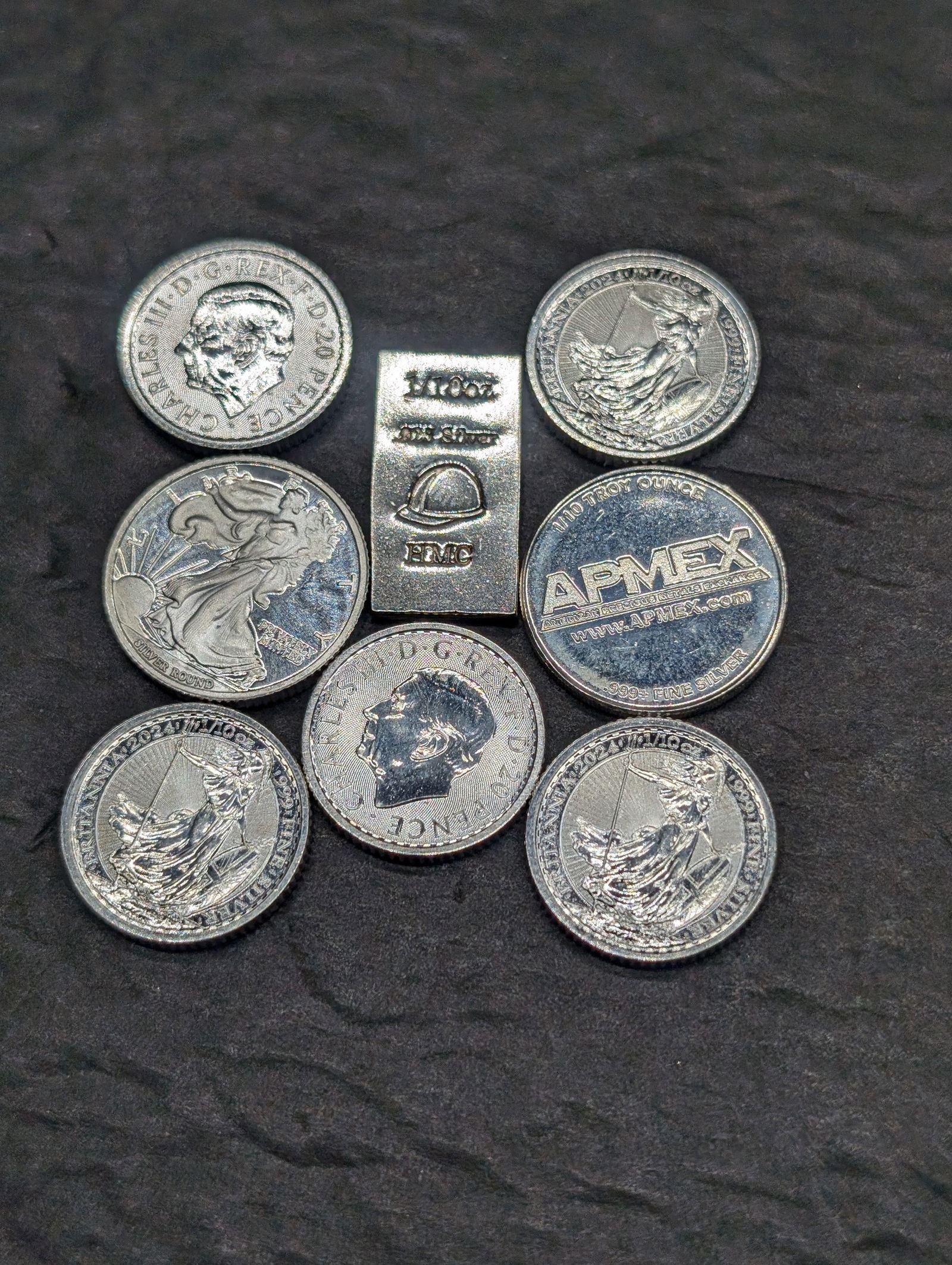 1/10th Oz. Each .999 FINE SILVER Various Designed Rounds & Art Bar (8 PCS) (1 of 2)
