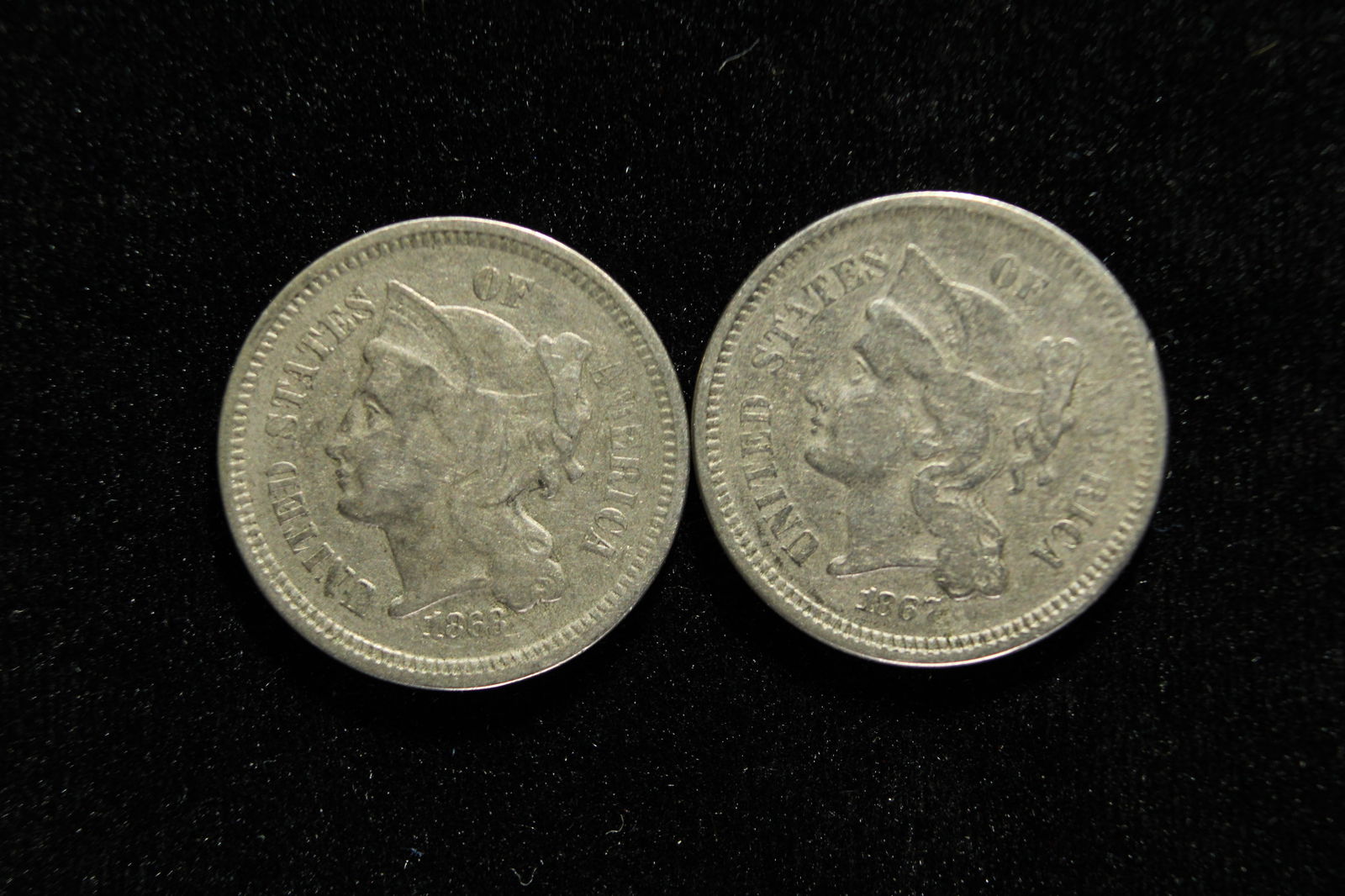 1867 & 1868 United States 3-Cent Nickels. Vintage Type Coins. (1 of 2)