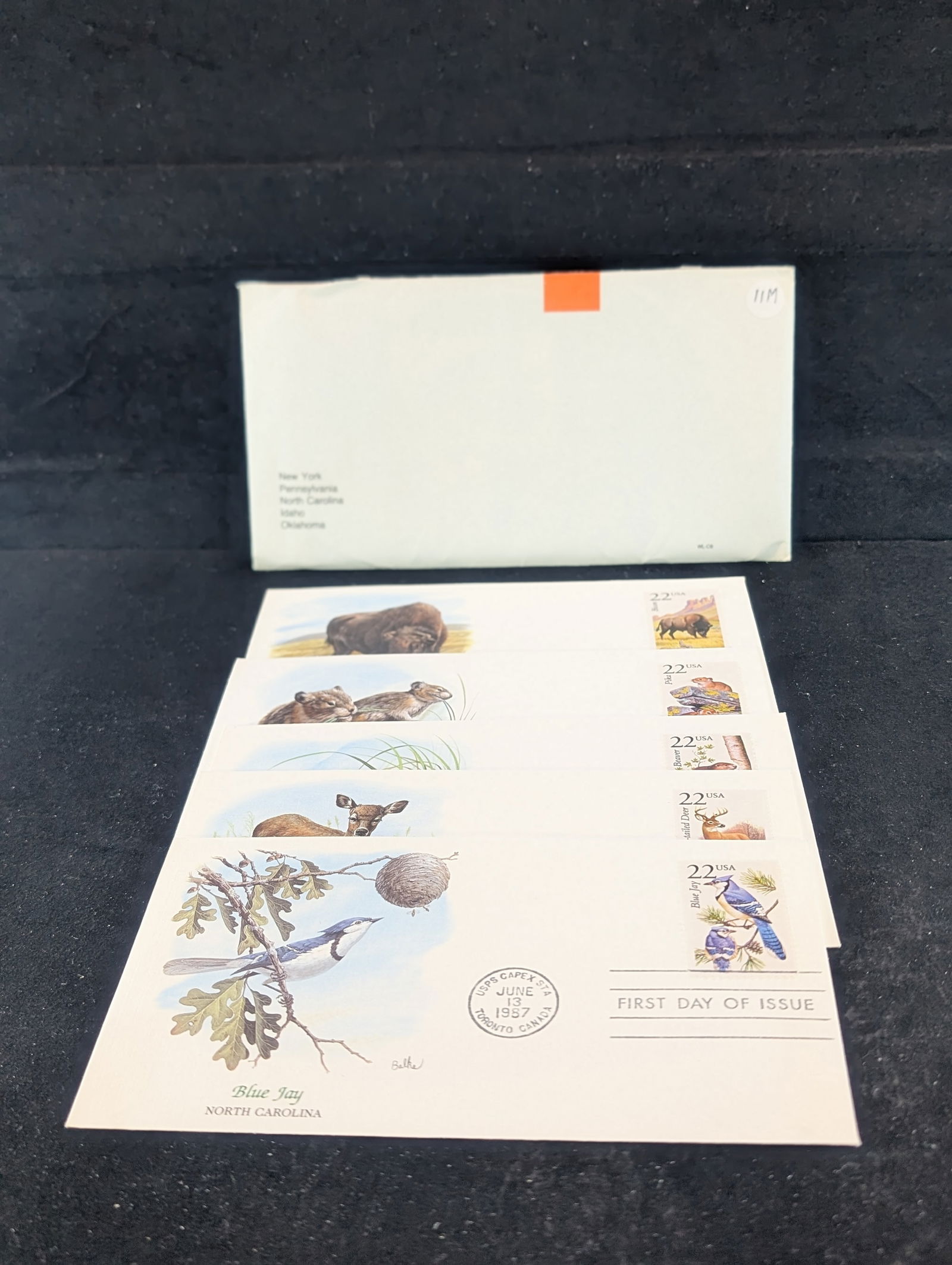 Assortment Of 5 1987 Canadian First Day Covers With Wildlife Themes: Bison Pika Bluejay Deer Beaver.: Assortment Of 5 1987 Canadian First Day Covers With Wildlife Themes: Bison Pika Bluejay Deer Beaver.