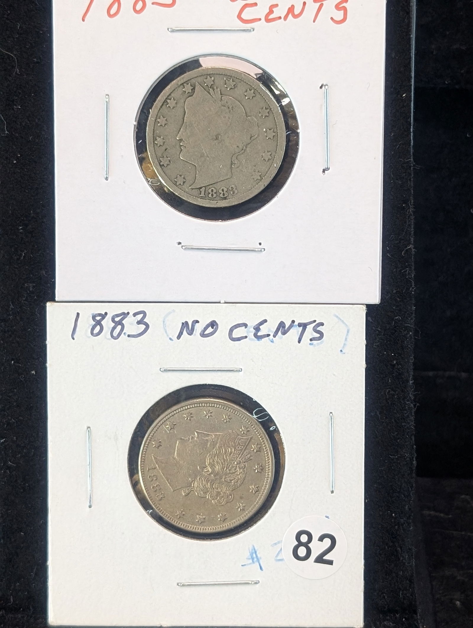 (2 coins) 1883 With cents and without cents Liberty V Nickels (1 of 3)