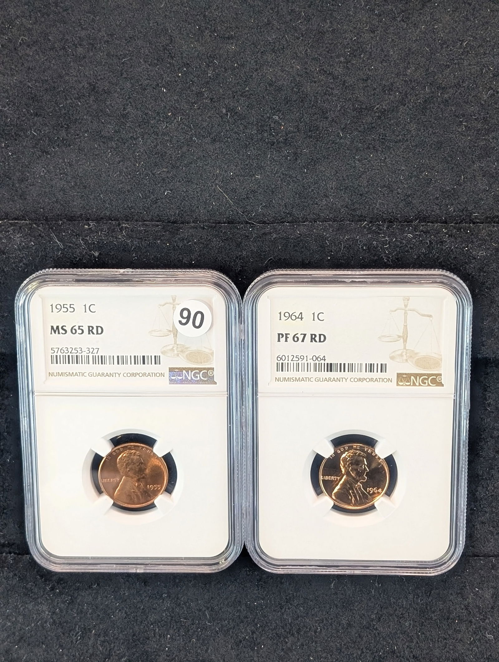 (2 Slabs) 1955 P Lincoln Penny MS 65 RED AND  1964 Proof Lincoln Penny PF 67 RED (1 of 7)