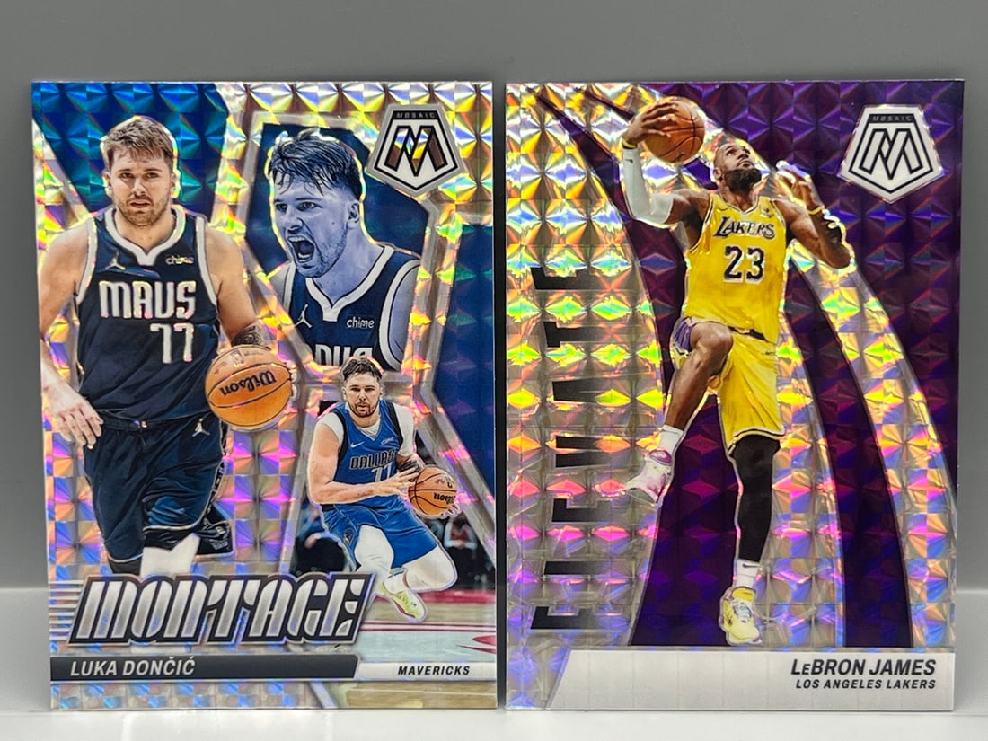 2023-24 Panini Mosaic Luka Doncic Montage Mosaic Prizm #5 & LeBron James Elevate Mosaic Prizm #23 (1 of 2)