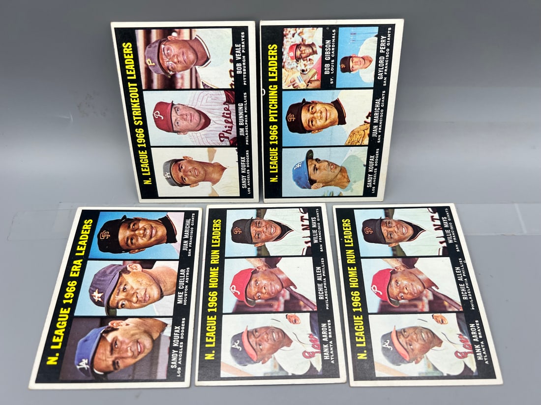 Lot of (5) 1967 Topps Baseball Leaders Cards W/ Many Stars - Varying Conditions - Sandy Koufax, Hank (1 of 2)