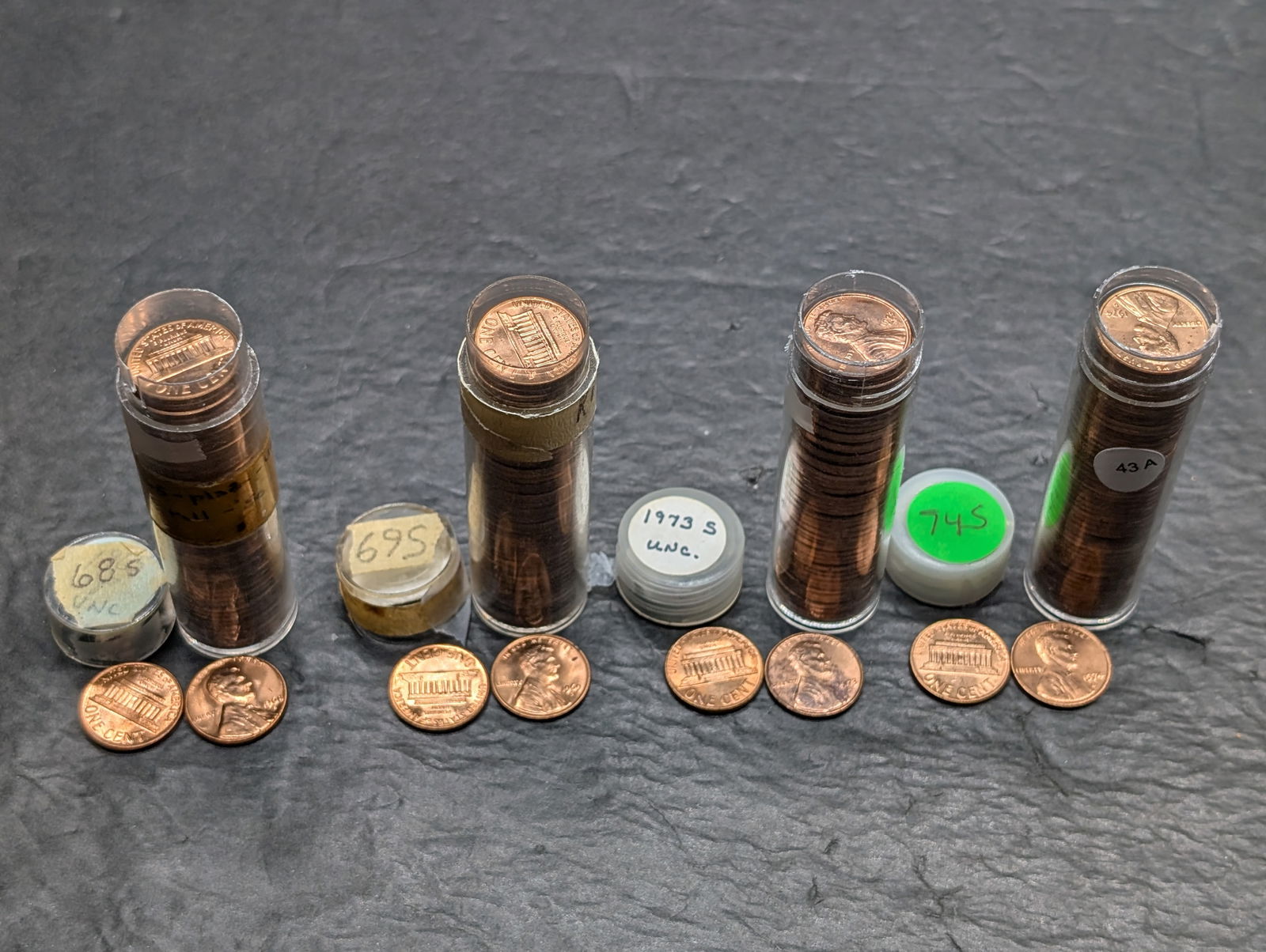 Four San Francisco Mint Memorial Lincoln Cent rolls: 1968-S, 69-S, 73-S, and 74-S.Choice to GEM Red (1 of 5)