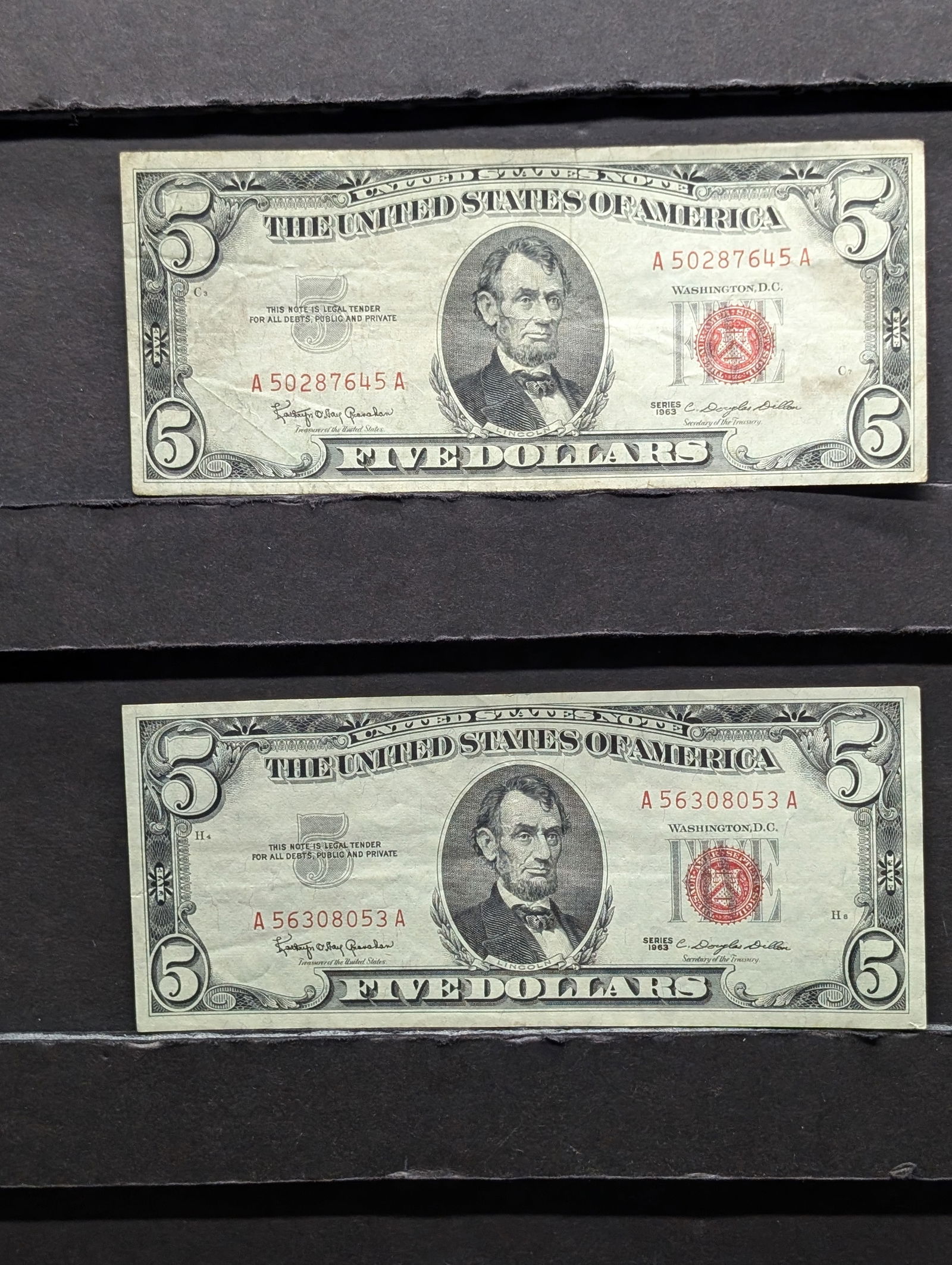 Lot of Two 1963 Series $5.00 RED SEAL Banknotes (1 of 6)