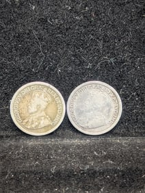 1912 & 1913 Canadian Five Cent Coins, 92.5% Silver