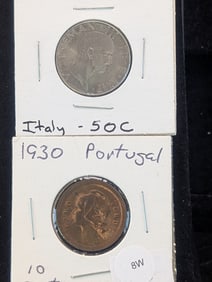 1930 Portugal 10 Centavo Coin & 1941 Italy 50 Cent Coin (Mediterranean 2 Coins)