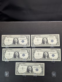 1957-B $1 Silver Certificates - 5 Consecutive - Crisp Uncirculated