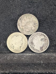 (3 Coins) 1911, 12 & 13 Barber Dimes
