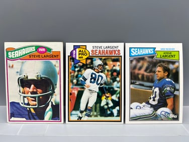 1977 Topps Steve Largent RC #177, 1979 Topps Steve Largent #198, & 1987 Topps Steve Largent #177