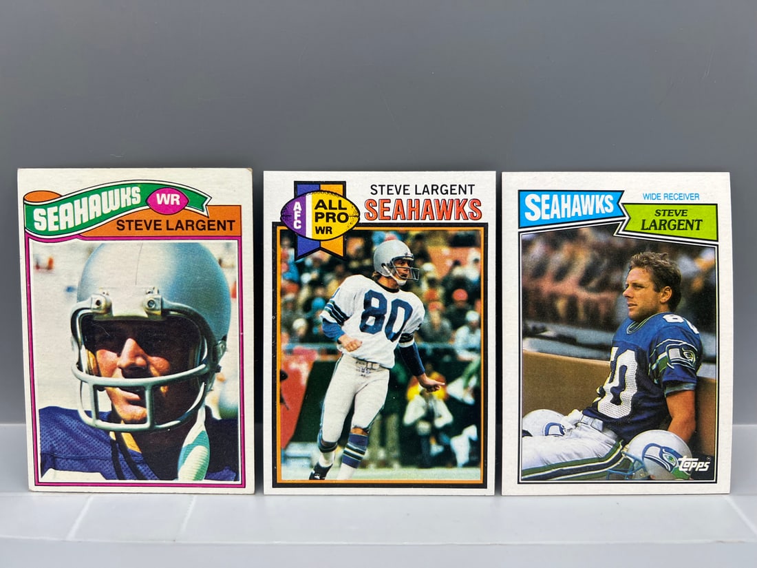 1977 Topps Steve Largent RC #177, 1979 Topps Steve Largent #198, & 1987 Topps Steve Largent #177