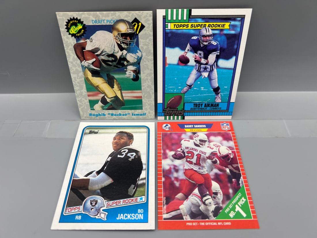 Lot of 4 - Assorted Football Star Player Rookie Cards - Troy Aikman RC, Bo Jackson RC, Barry Sanders (1 of 2)