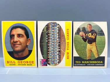 1958 Topps Bill George #119, New York Giants #61, & Ted Marchibroda #44
