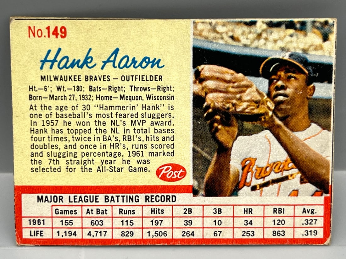 1962 Post Cereal Hank Aaron #149 - Hand Cut (1 of 3)