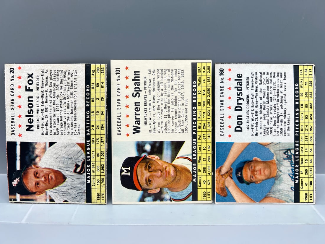 1961 Post Cereal Nellie Fox #20, Warren Spahn #101, & Don Drysdale #160 - Hand Cut: 1961 Post Cereal Nellie Fox #20, Warren Spahn #101, & Don Drysdale #160 - Hand Cut
