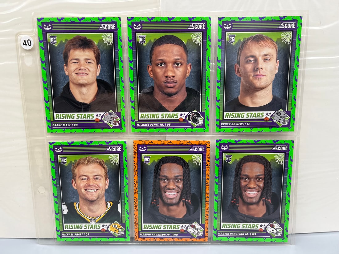 Lot of (6) 2024 Score A Treat Football RC Cards - Drake Maye RC, Brock Bowers RC, Marvin Harrison: Lot of (6) 2024 Score A Treat Football RC Cards - Drake Maye RC, Brock Bowers RC, Marvin Harrison Jr. RC - Harrison Pumpkin Variation