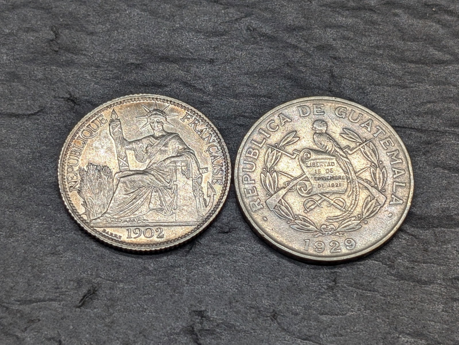 1902 French Indochina Silver 20 Centimes & 1929 Guatemala Silver 1/4 Quetzal: 1902 French Indochina Silver 20 Centimes & 1929 Guatemala Silver 1/4 Quetzal