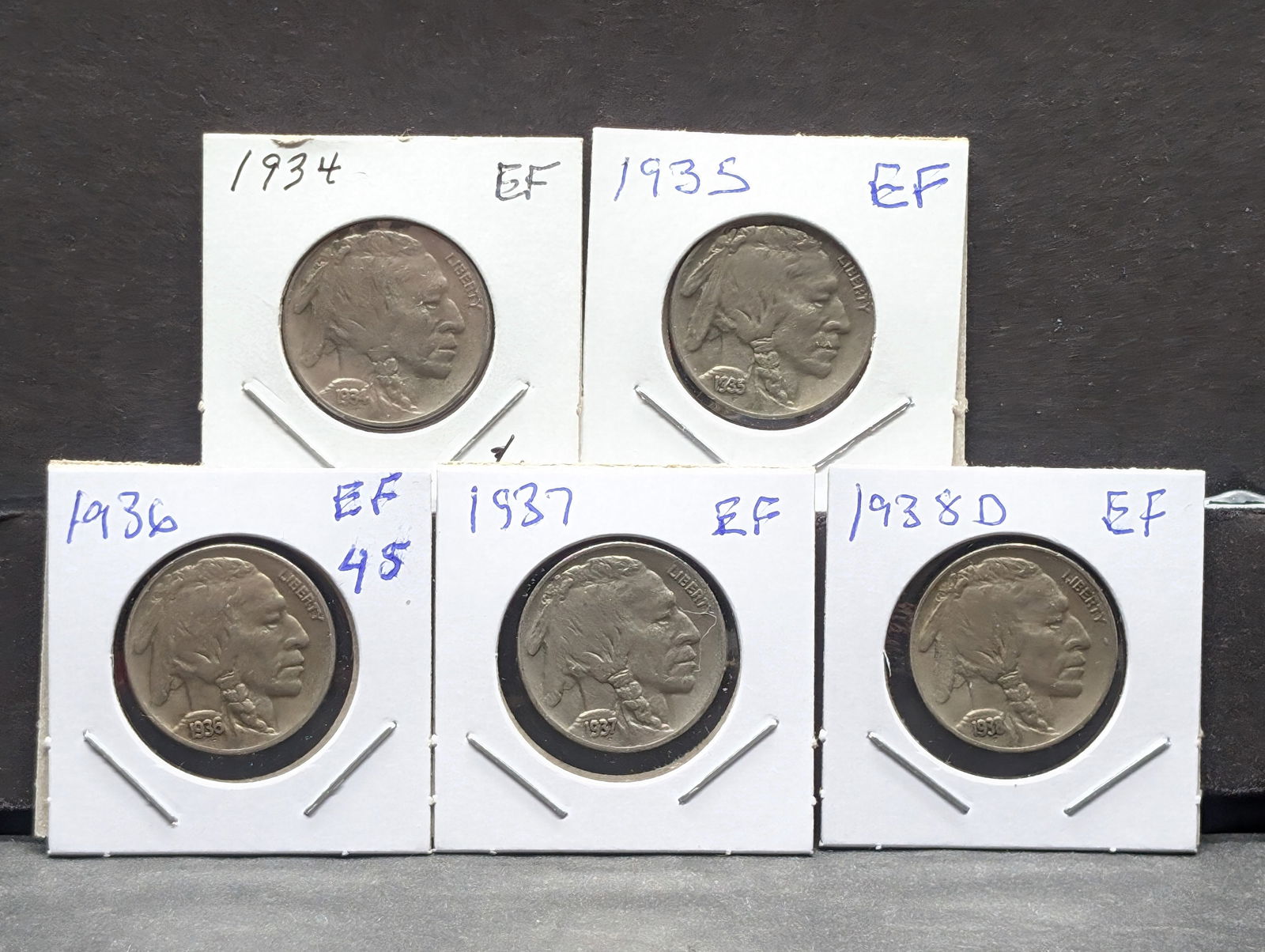 1934, 35, 36, 37, and 38-D Buffalo Nickels. All EF with full horns. (1 of 4)
