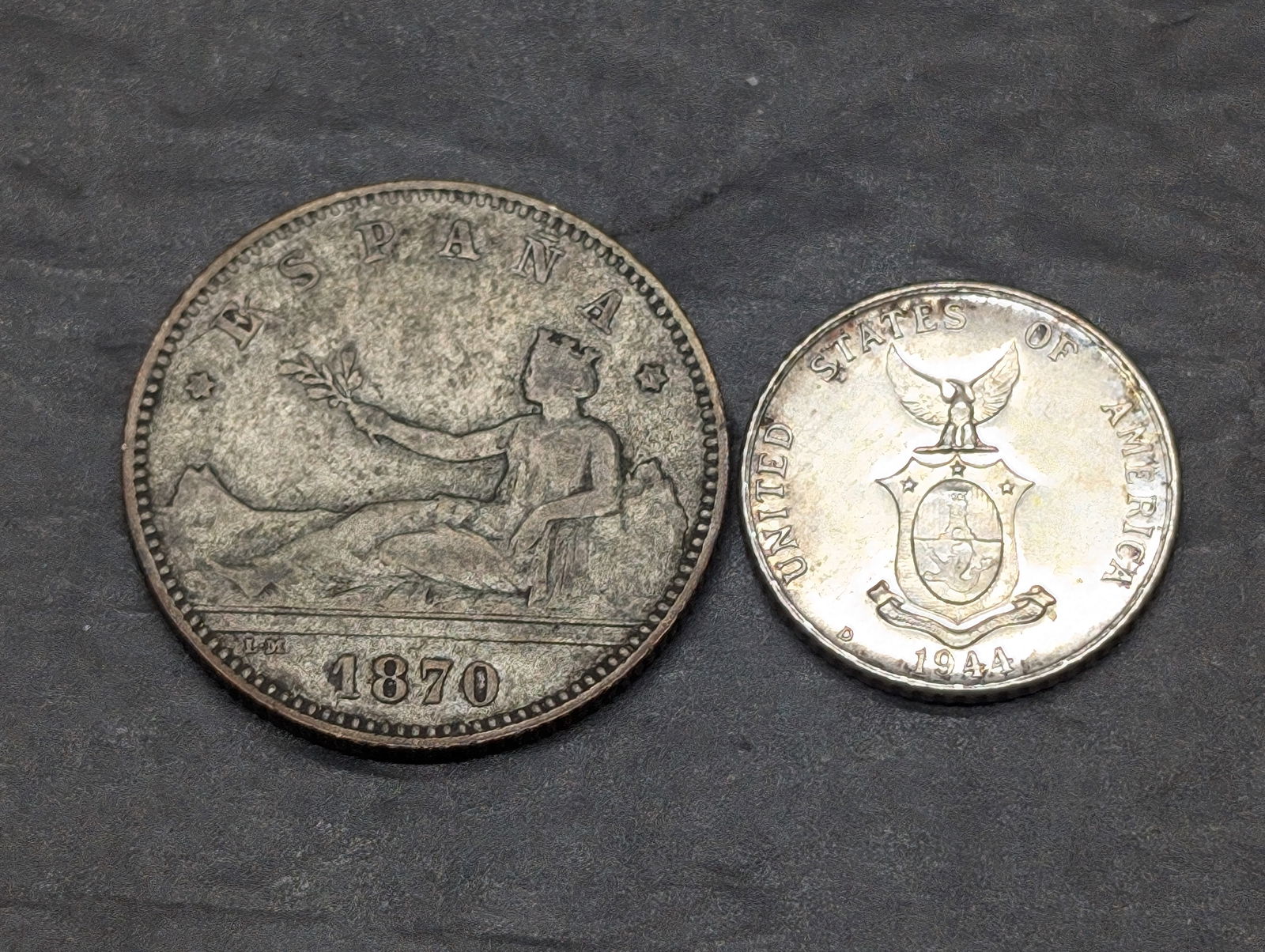 1944-D Philippines Silver 10 Centavos & 1870 Spain Silver 1 Peseta (1 of 2)