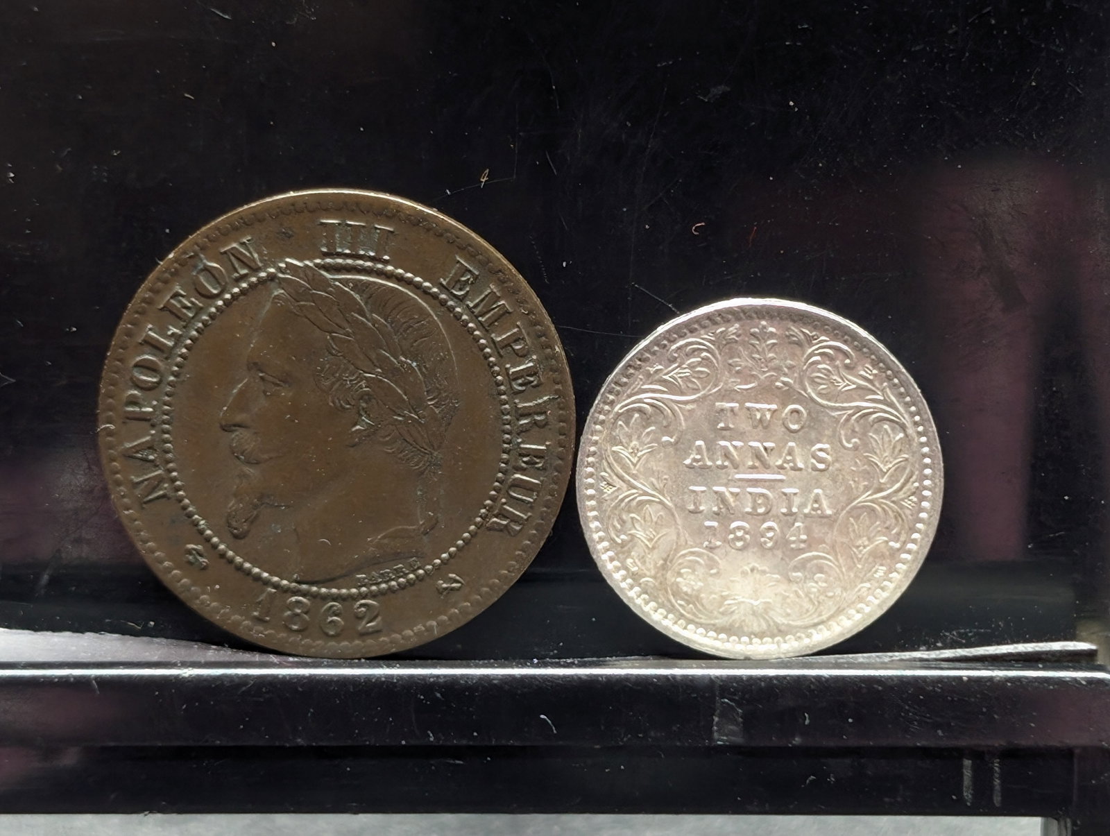 1894 British-India Silver 2 Annas & 1862-K France 2 Centimes: 1894 British-India Silver 2 Annas & 1862-K France 2 Centimes