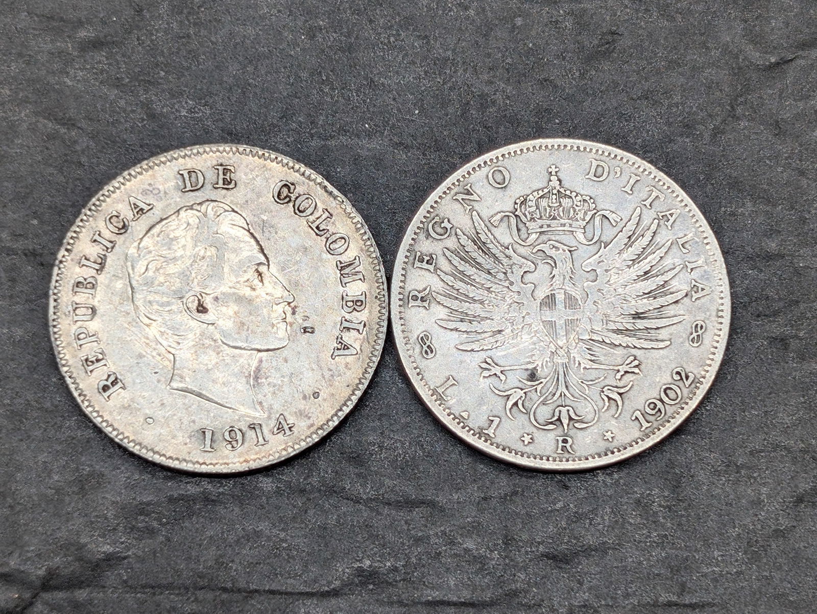 1914 Colombia Silver 20 Centavos & 1902-R Italy Silver 1 Lira (1 of 2)