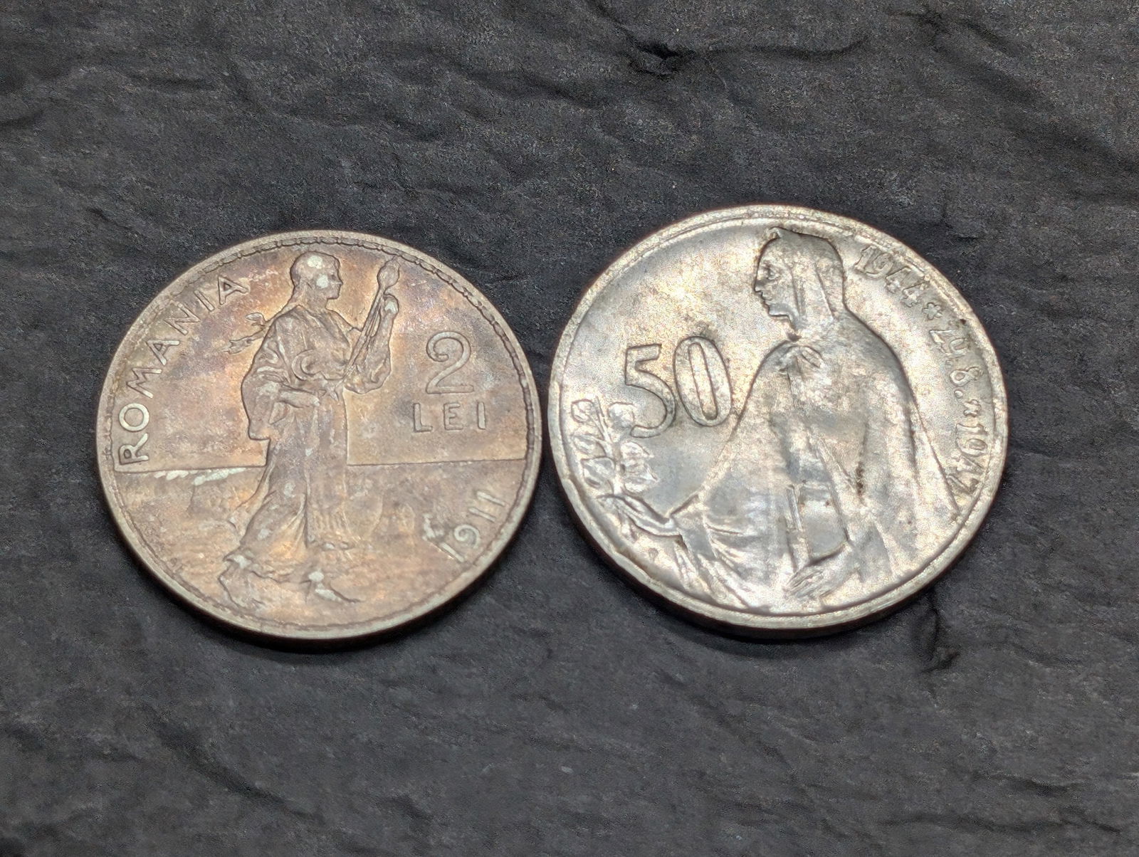 1911 Romania Silver 2 Lei & 1944 Czechoslovakia Silver 50 Korun - 3rd Anniv. Slovak Uprising (1 of 2)