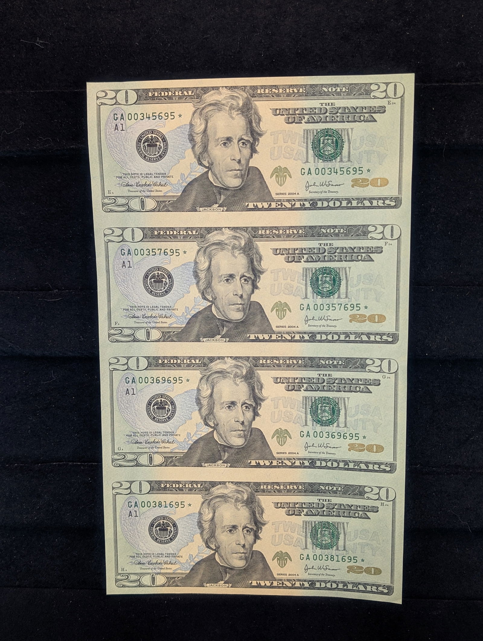 Four 2004-A  BU Twenty Dollar Star Notes, Uncut Sheet "NOT" Consecutive (1 of 2)