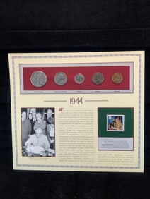 U.S. Coins Of 1944 Set w/GI Bill Stamp, 3 Silver Coins Walking Liberty Half Dollar, Washington Quart