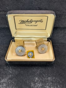 Vintage Mesh And Goldtone Cuff Links And Tie Tack, Blue And Gold