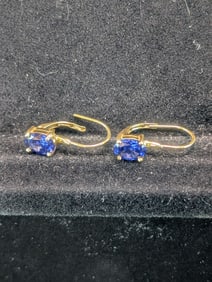 Woman's Gold Plated Sterling Blue Oval Sapphire Dangle Earrings - Weighs 00.8 Toz (2.5 Grams)