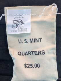 Sealed Sewn Bag Of 2002-P U.S. Mint Ohio State Quarters - 25 Dollars Worth Of Quarters