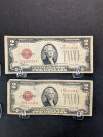 Lot of 2 - 1928-F Red Seal $2 FRN