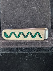 Sterling Silver Money Clip Marked Mexico .925 - Inlay Mexico Cultural Design - Weighs 0.55 Toz (17.2
